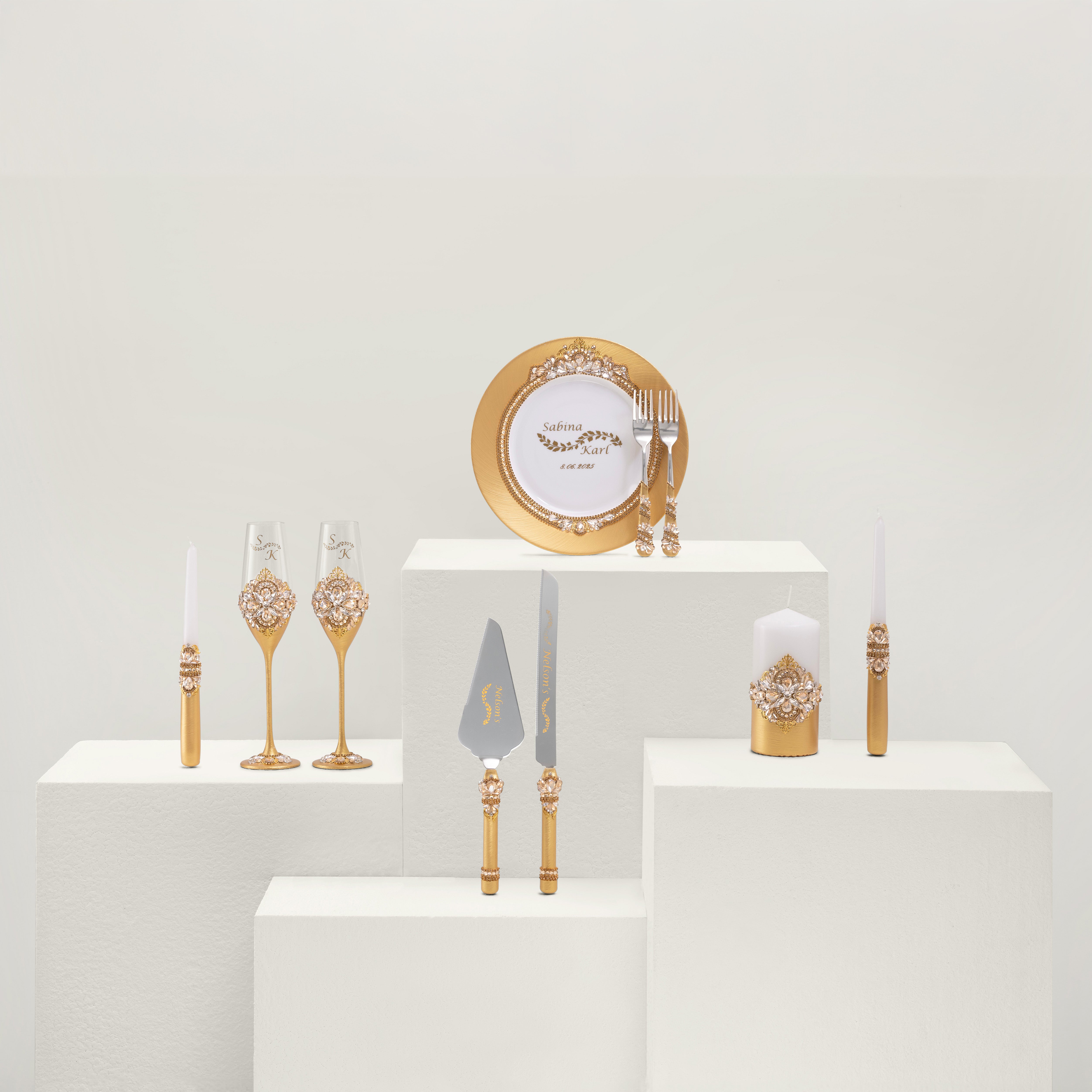 Rose Gold Flutes & Cake Knife Server Classic Plus Set
