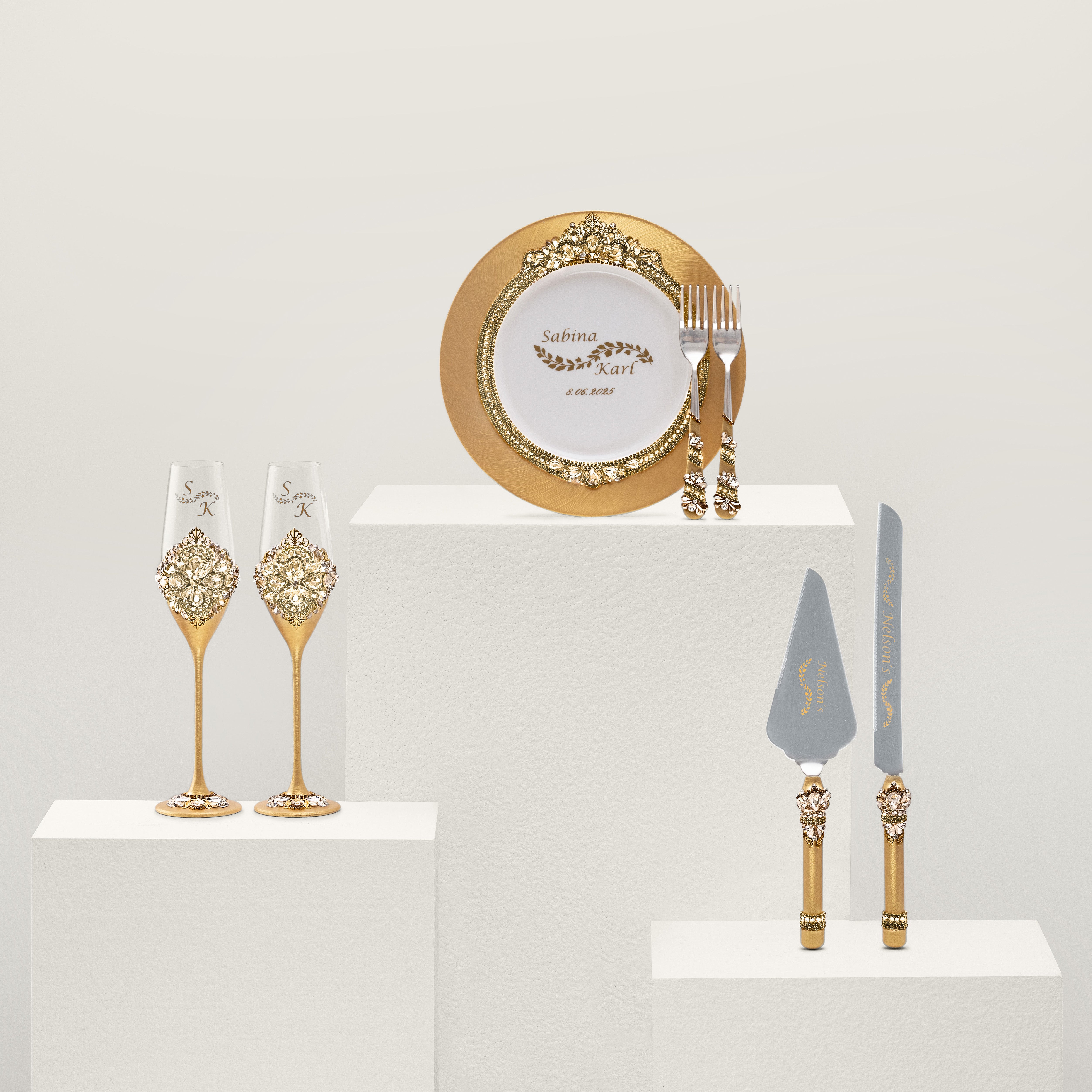 Rose Gold Flutes & Cake Knife Server Classic Set