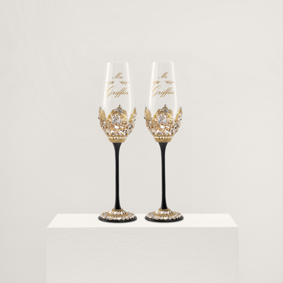 Valencia Black & Gold Flutes & Cake Knife Server set - The Èlliance