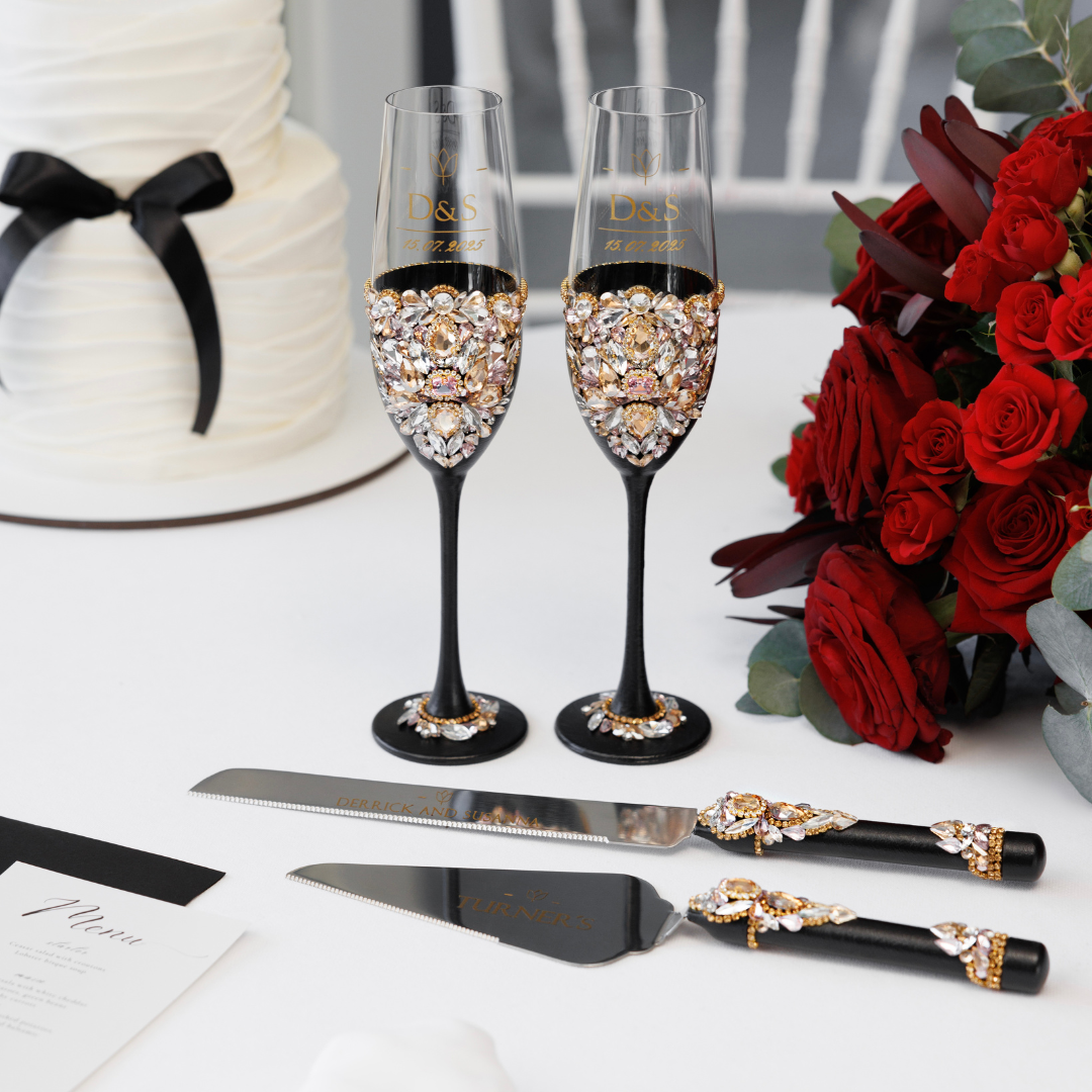 Gloria Black & Gold Flutes & Cake Knife Server set