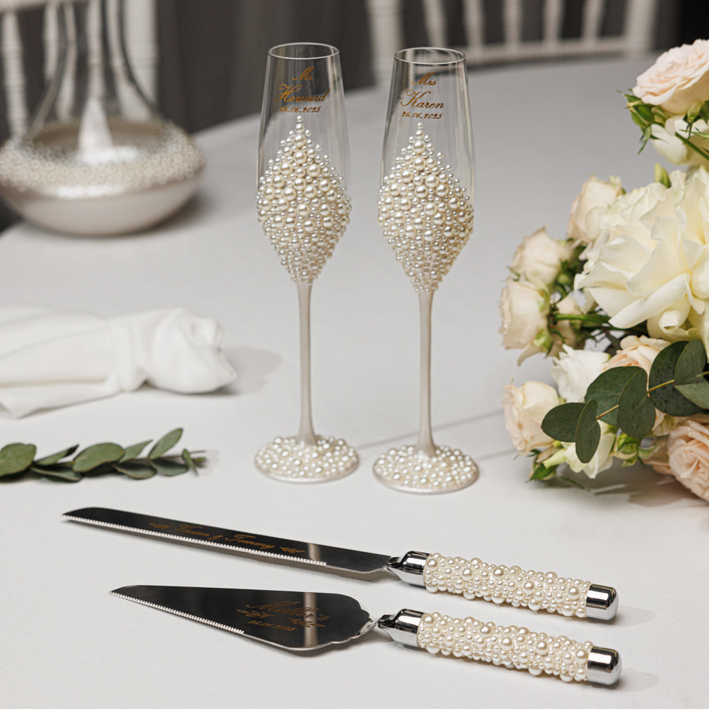 Pearl Flutes & Cake Knife Server Set