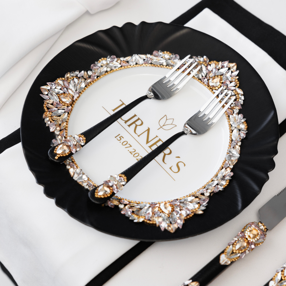 Gloria Black & Gold Plate and Forks