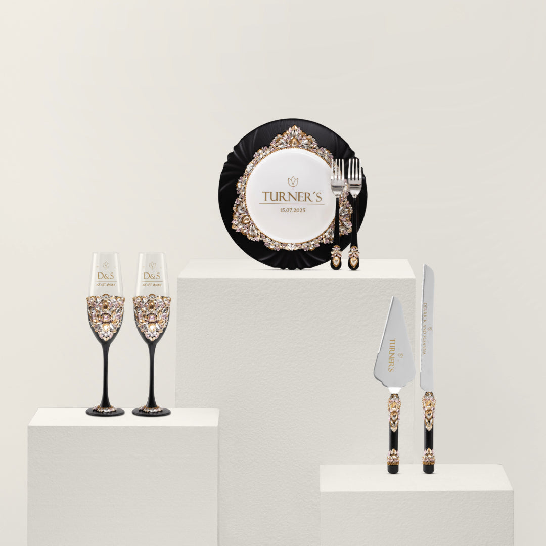 Gloria Black & Gold Flutes & Cake Knife Server Classic Set
