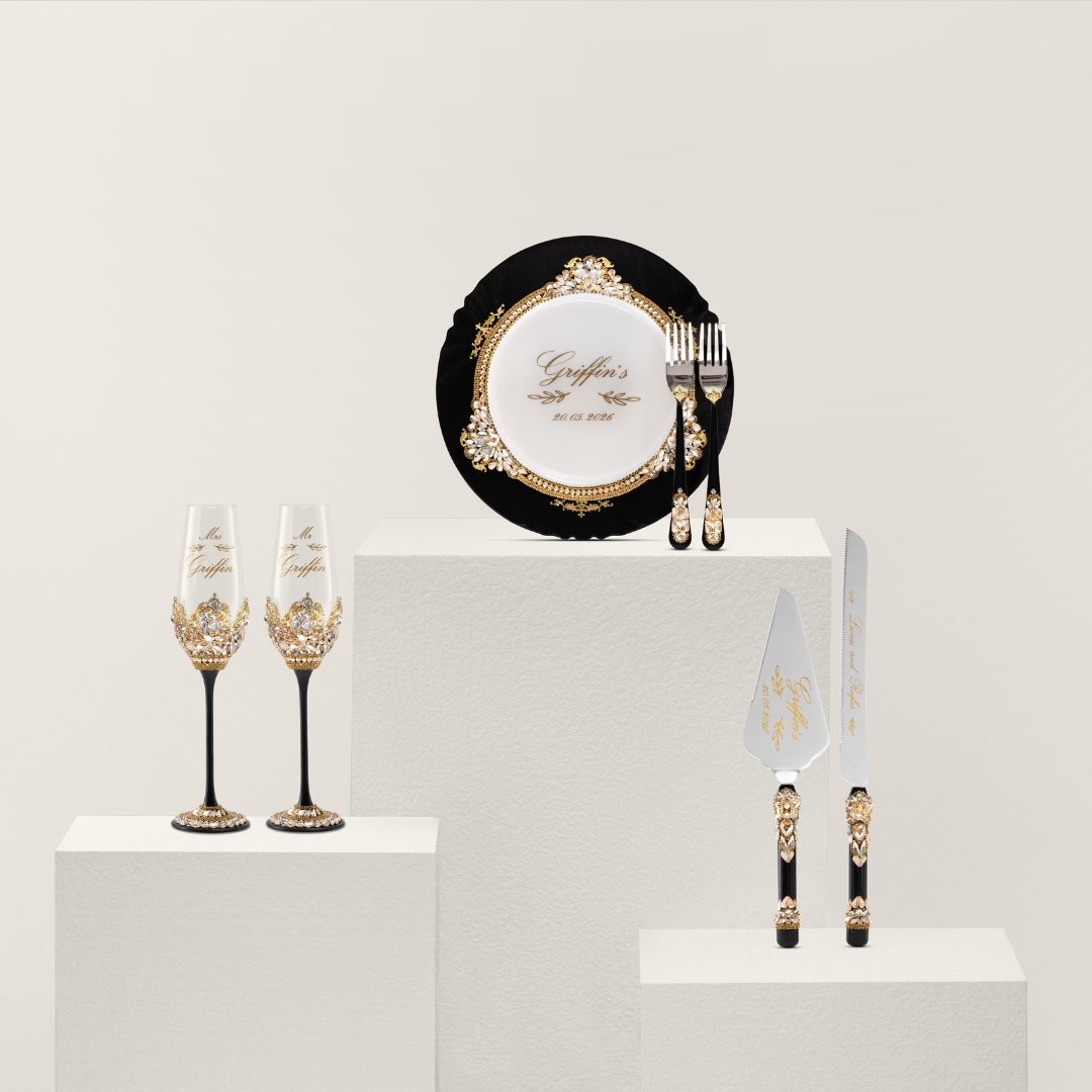 Valencia Black & Gold Flutes & Cake Knife Server Classic Set