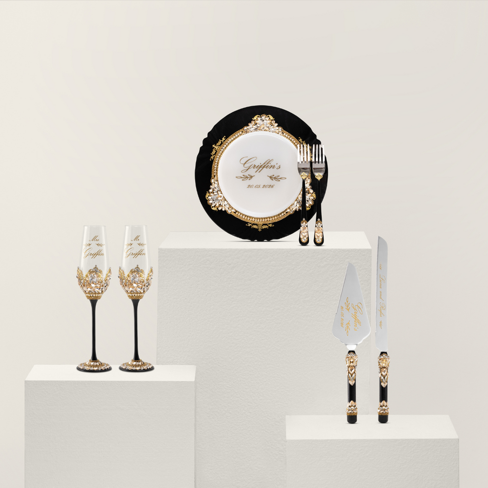 Valencia Black & Gold Flutes & Cake Knife Server Classic Set - The Èlliance