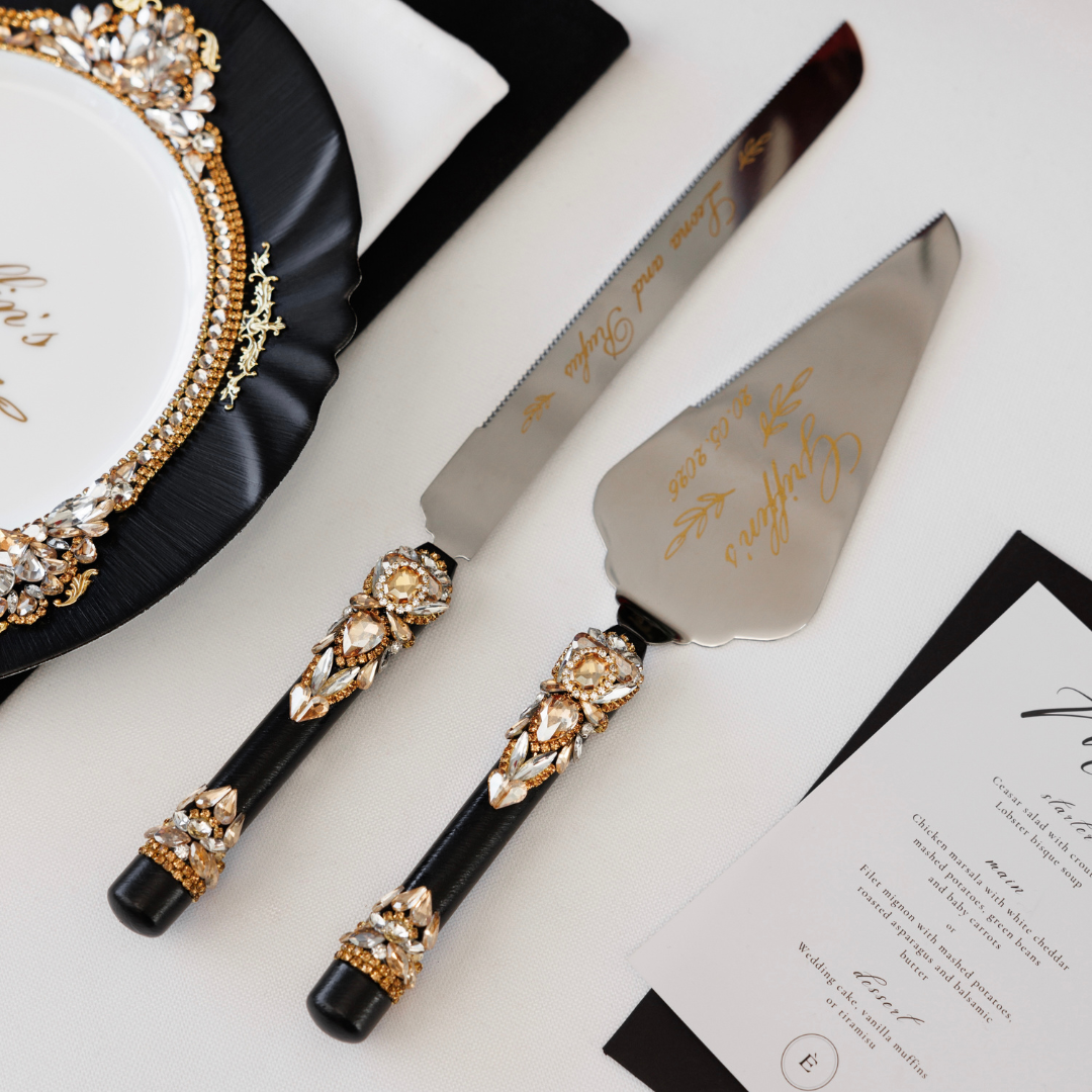 Valencia Black & Gold Cake Knife and Server set - The Èlliance