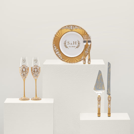 Royal Gold Flutes & Cake Knife Server Classic Set