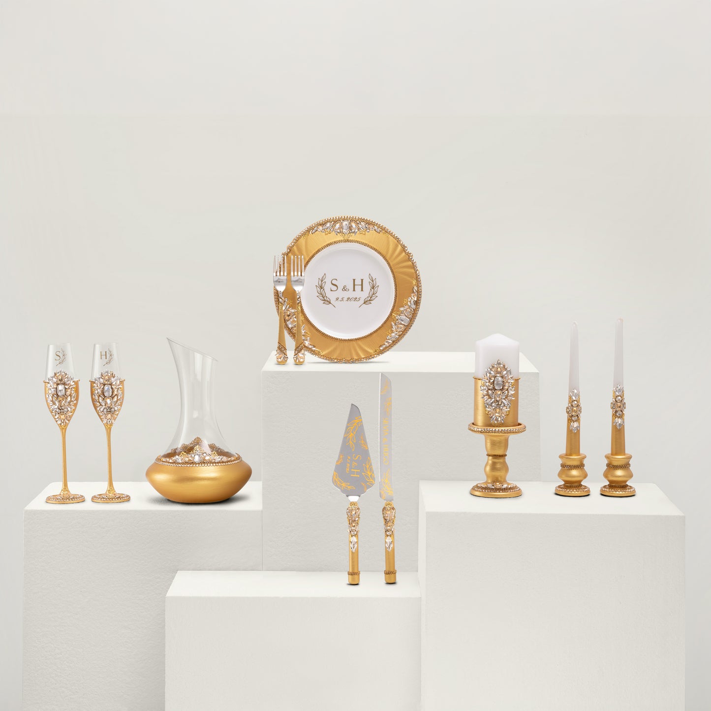 Royal Gold Flutes & Cake Knife Server Premium Set