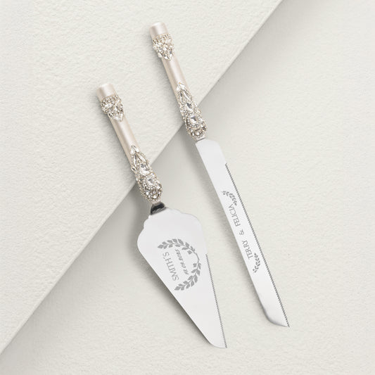 Personalized Ivory Wedding Cake Knife and Server set | The Èlliance Valencia Engraved Serving Set for Cake