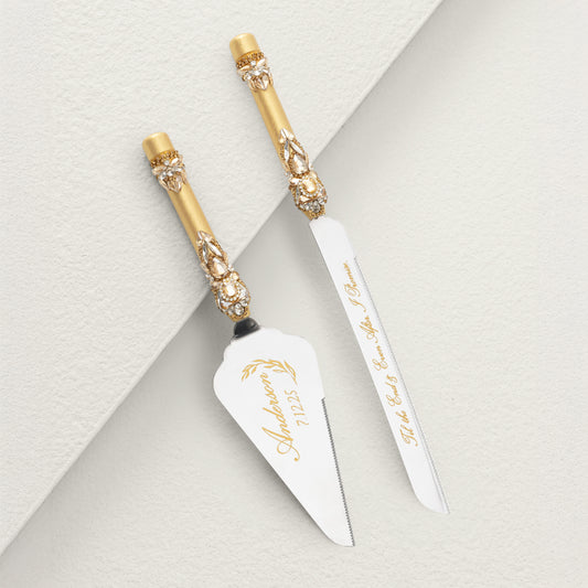 Personalized Gold Wedding Cake Knife and Server set | The Èlliance Gloria Engraved Serving Set for Cake