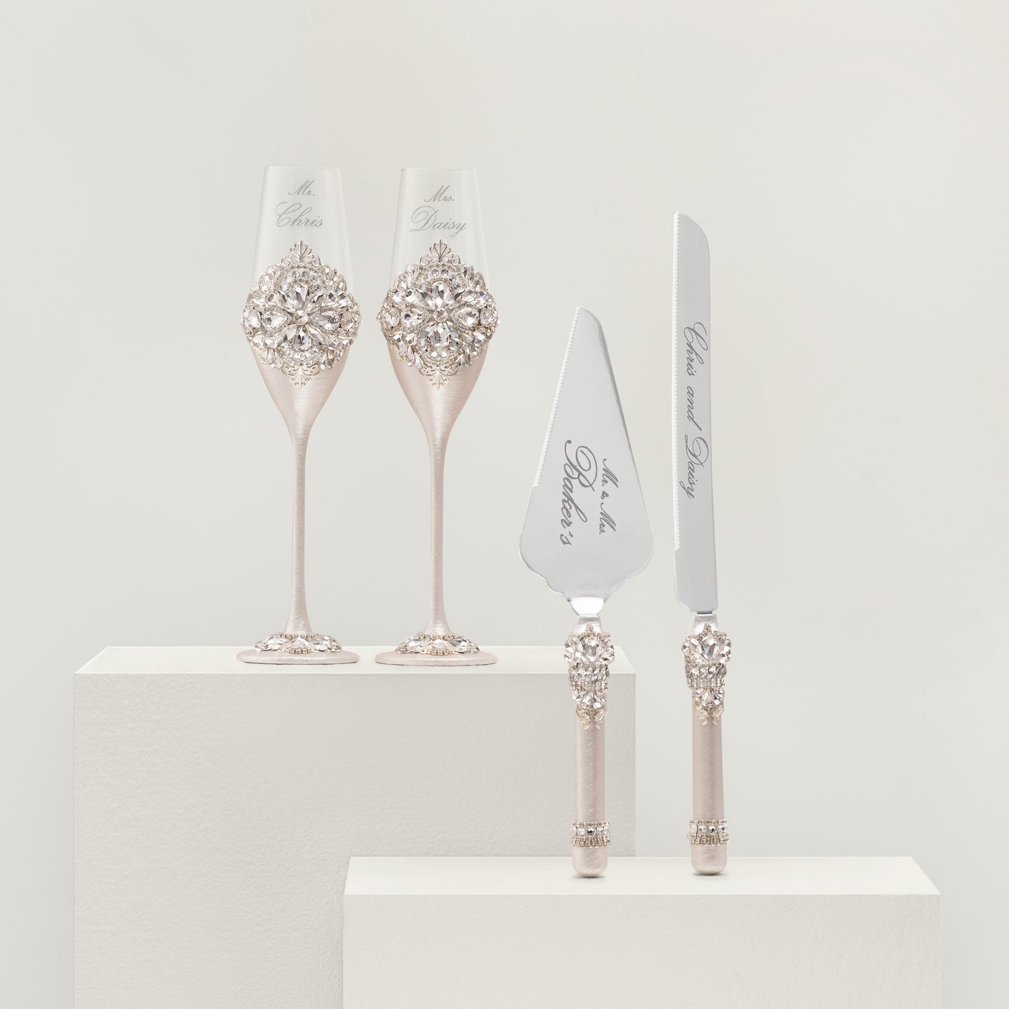 Rose Wedding Champagne Flutes & Cake Knife Server set, 4 items