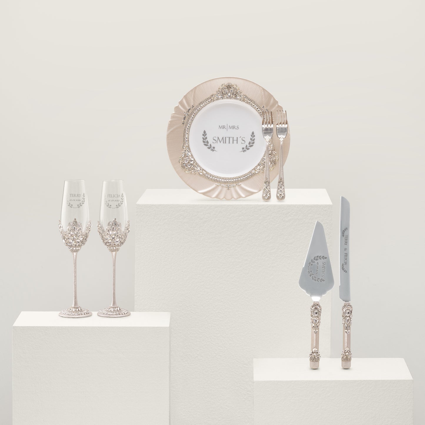 Personalized Ivory Wedding Champagne Flutes & Cake Knife Server Set,  7 items  | The Èlliance Valencia Engraved Classic set