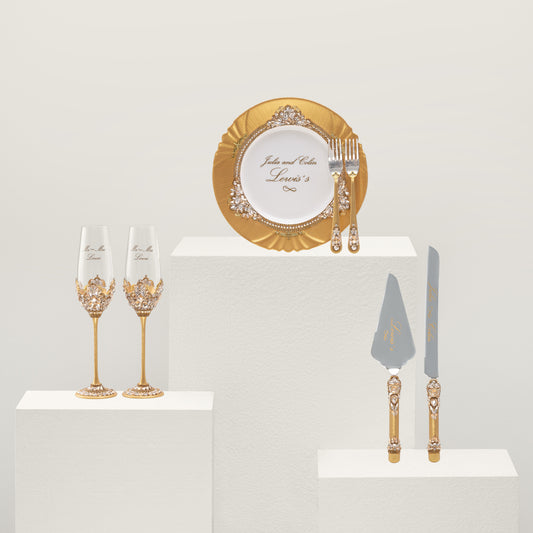 Personalized Gold Wedding Champagne Flutes & Cake Knife Server Set,  7 items  | The Èlliance Valencia Engraved Classic set