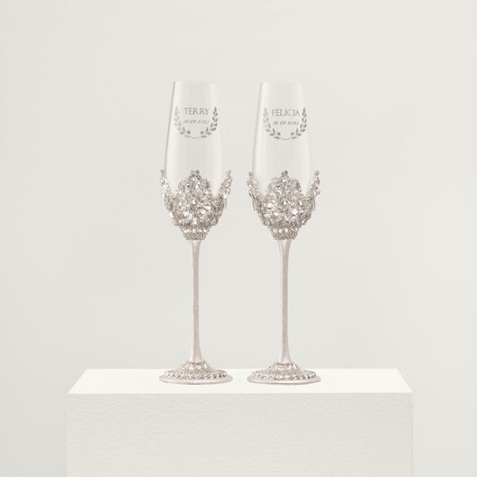 Personalized Ivory Bride & Groom Champagne Glasses | The Èlliance Valencia Engraved Wedding Flutes