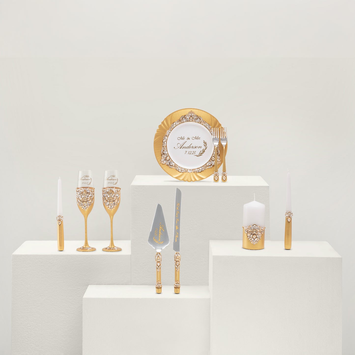 Personalized Gold Wedding Champagne Flutes & Cake Knife Server Set,  10 items  | The Èlliance Gloria Engraved Classic set plus