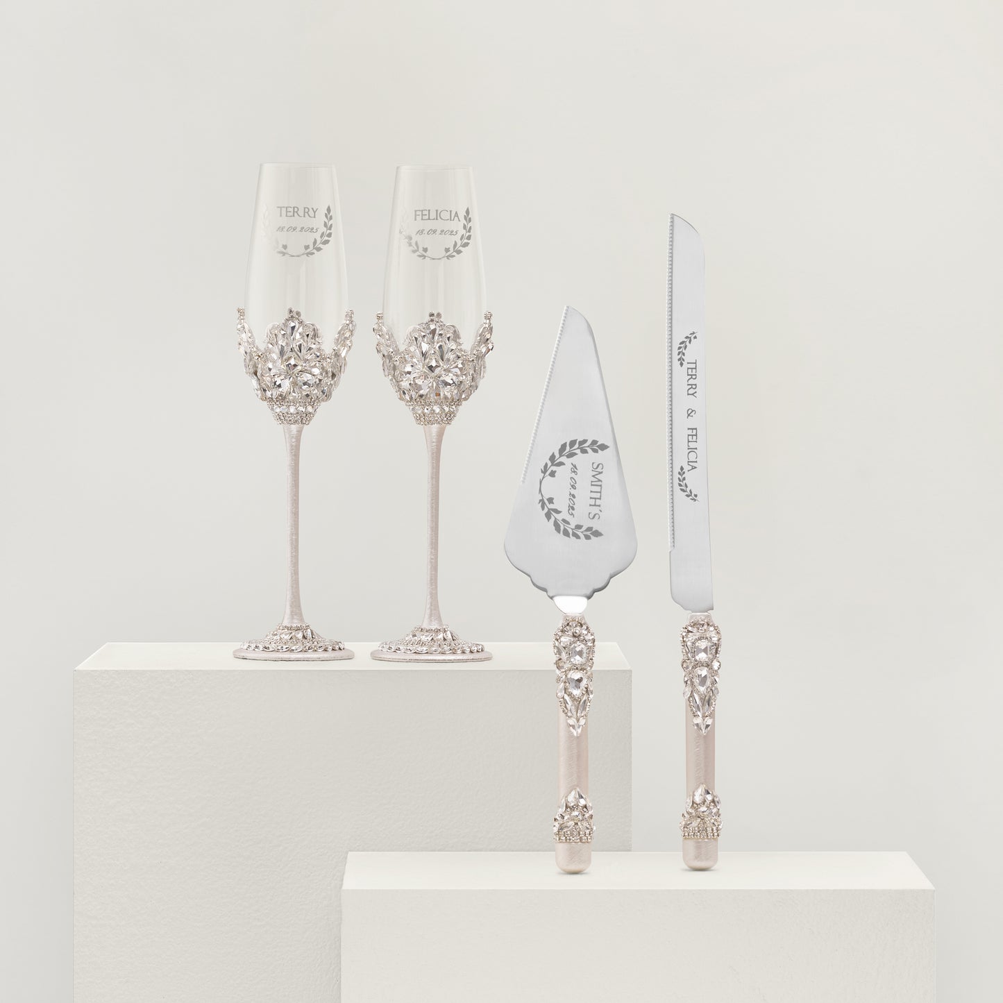 Personalized Ivory Wedding Champagne Flutes & Cake Knife Server set, 4 items | The Èlliance Valencia Engraved Flutes and Cake set