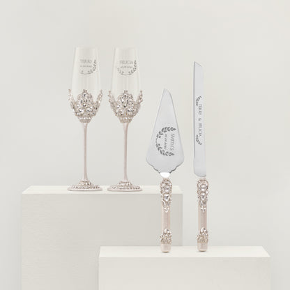 Personalized Ivory Wedding Champagne Flutes & Cake Knife Server set, 4 items | The Èlliance Valencia Engraved Flutes and Cake set