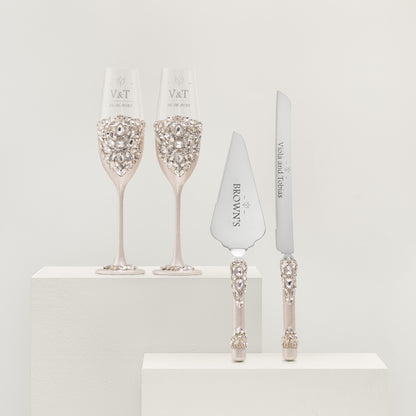 Personalized Ivory Wedding Champagne Flutes & Cake Knife Server set, 4 items  |  The Èlliance Gloria Engraved Flutes and Cake set