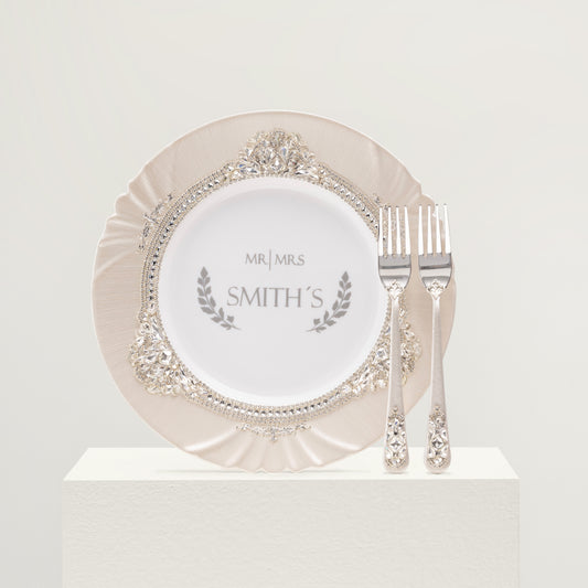 Personalized Ivory Wedding Serving set | The Èlliance Valencia Engraved Plate and Forks