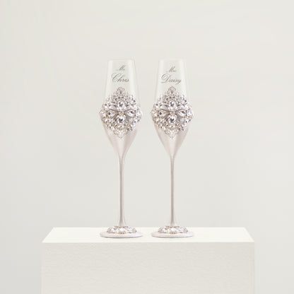 Rose Bride & Groom Champagne Wedding Toasting Flutes