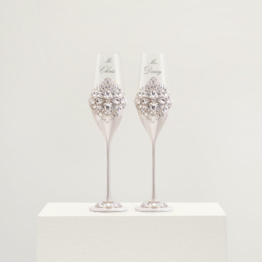 Rose Bride & Groom Champagne Wedding Toasting Flutes