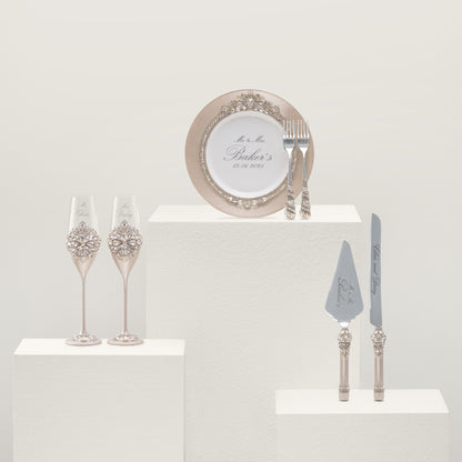 Rose Wedding Champagne Flutes & Cake Knife Server Set, 7 items