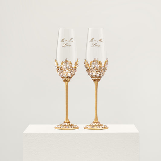 Personalized Gold Bride & Groom Champagne Glasses | The Èlliance Valencia Engraved Wedding Flutes