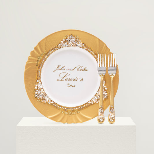 Personalized Gold Wedding Serving set | The Èlliance Valencia Engraved Plate and Forks