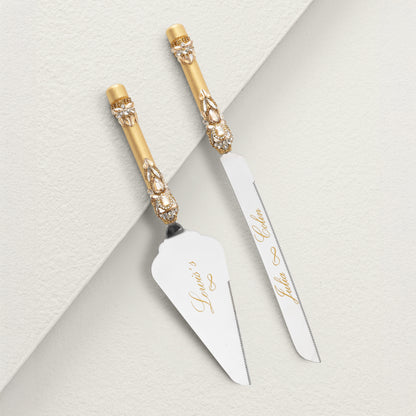 Personalized Gold Wedding Cake Knife and Server set | The Èlliance Valencia Engraved Serving Set for Cake