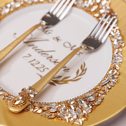 Personalized Gold Wedding Champagne Flutes & Cake Knife Server Set,  7 items  | The Èlliance Gloria Engraved Classic set