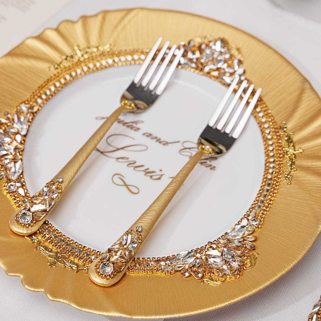 Handcrafted Gold Wedding Champagne Flutes & Cake Knife Server Set, 14 items | The Èlliance Engraved Valencia Premium Set