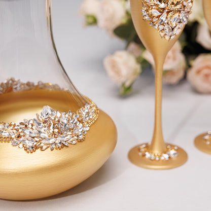 Personalized Gold  Wedding Champagne Flutes & Cake Knife Server Set, 14 items | The Èlliance Gloria Engraved Premium Set