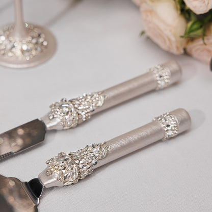 Rose Wedding Champagne Flutes & Cake Knife Server Set, 7 items