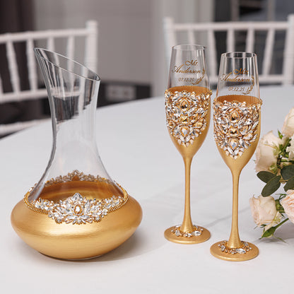 Personalized Gold  Wedding Champagne Flutes & Cake Knife Server Set, 14 items | The Èlliance Gloria Engraved Premium Set