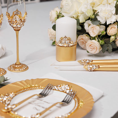 Personalized Gold Wedding Champagne Flutes & Cake Knife Server Set,  10 items  | The Èlliance Valencia Engraved Classic set plus