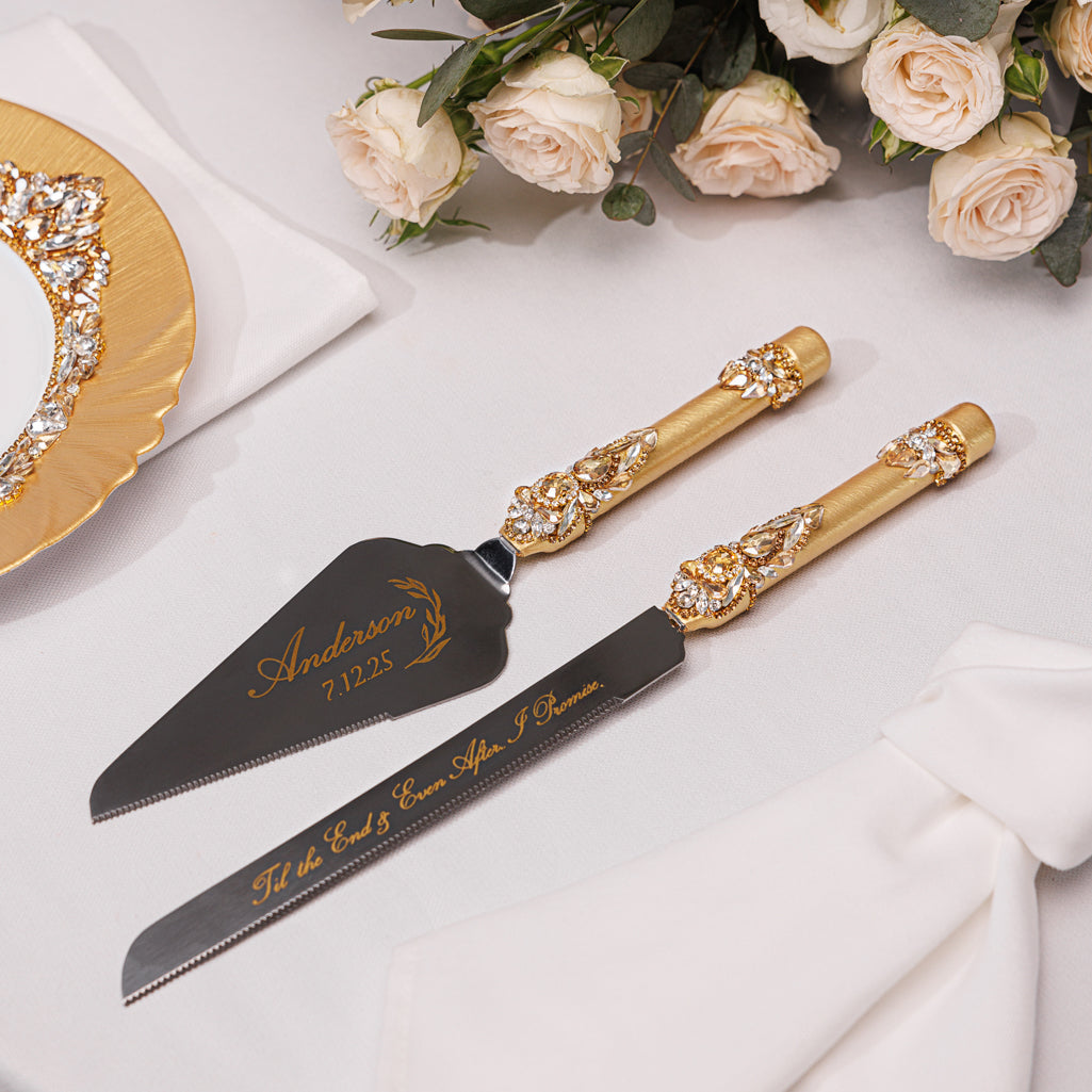 Personalized Gold Wedding Champagne Flutes & Cake Knife Server Set,  10 items  | The Èlliance Gloria Engraved Classic set plus