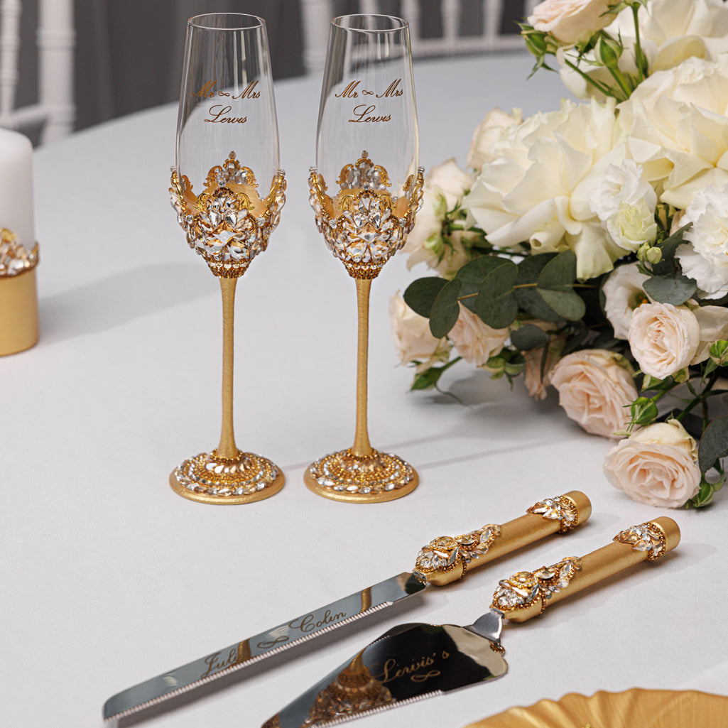 Handcrafted Gold Wedding Champagne Flutes & Cake Knife Server Set, 14 items | The Èlliance Engraved Valencia Premium Set