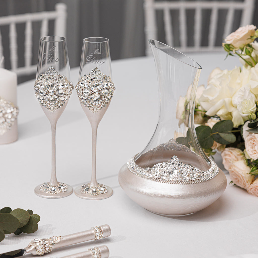 Rose Wedding Champagne Flutes & Cake Knife Server Set, 14 items