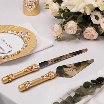 Personalized Gold Wedding Champagne Flutes & Cake Knife Server Set,  10 items  | The Èlliance Gloria Engraved Classic set plus