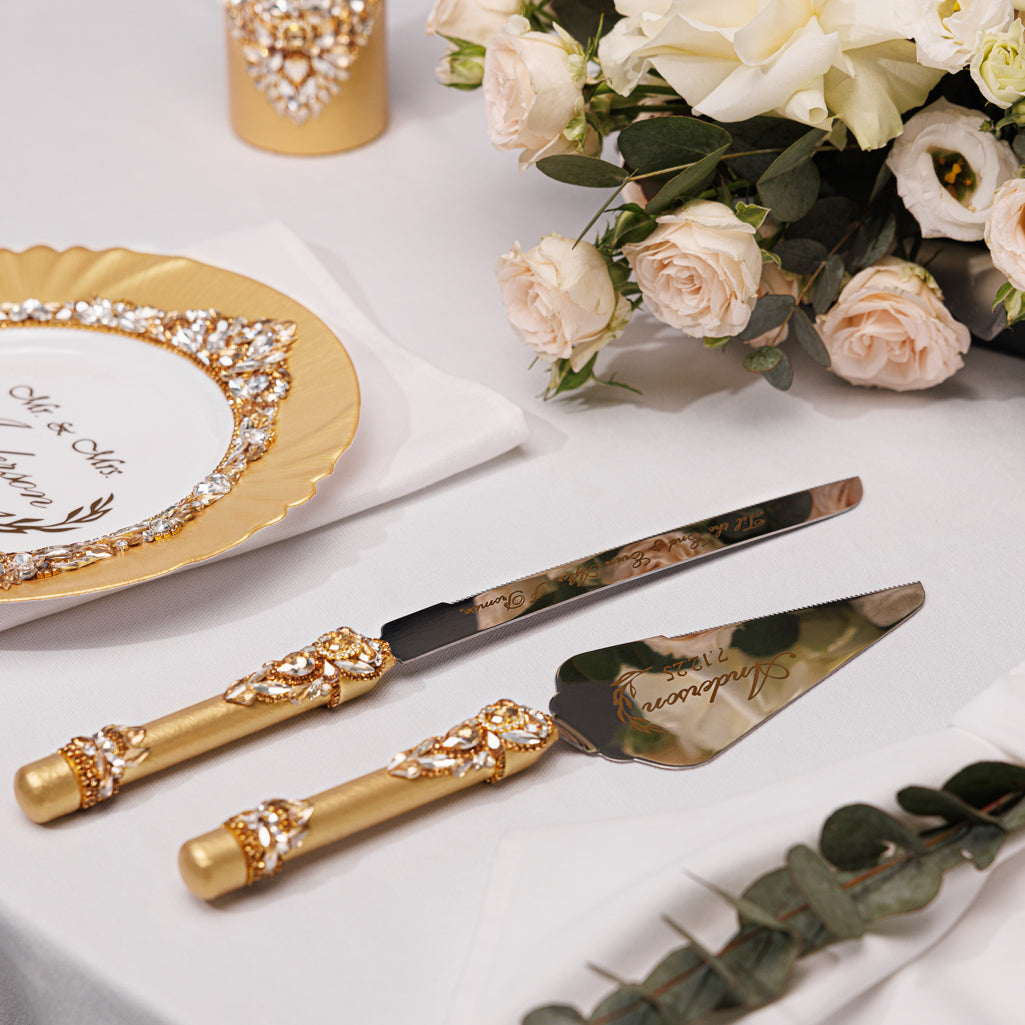 Personalized Gold  Wedding Champagne Flutes & Cake Knife Server Set, 14 items | The Èlliance Gloria Engraved Premium Set