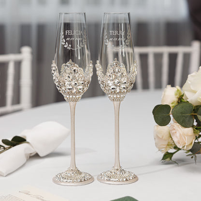 Personalized Ivory Wedding Champagne Flutes & Cake Knife Server Set, 14 items | The Èlliance Valencia Engraved Premium Set