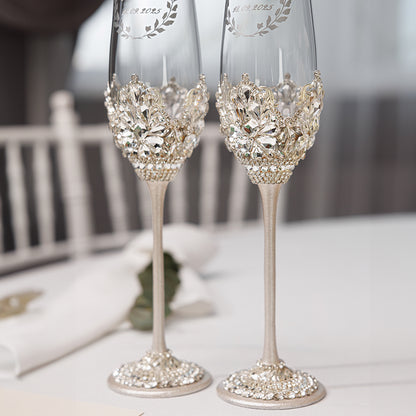 Personalized Ivory Wedding Champagne Flutes & Cake Knife Server Set, 14 items | The Èlliance Valencia Engraved Premium Set