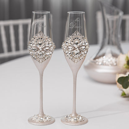 Rose Wedding Champagne Flutes & Cake Knife Server Set,  10 items