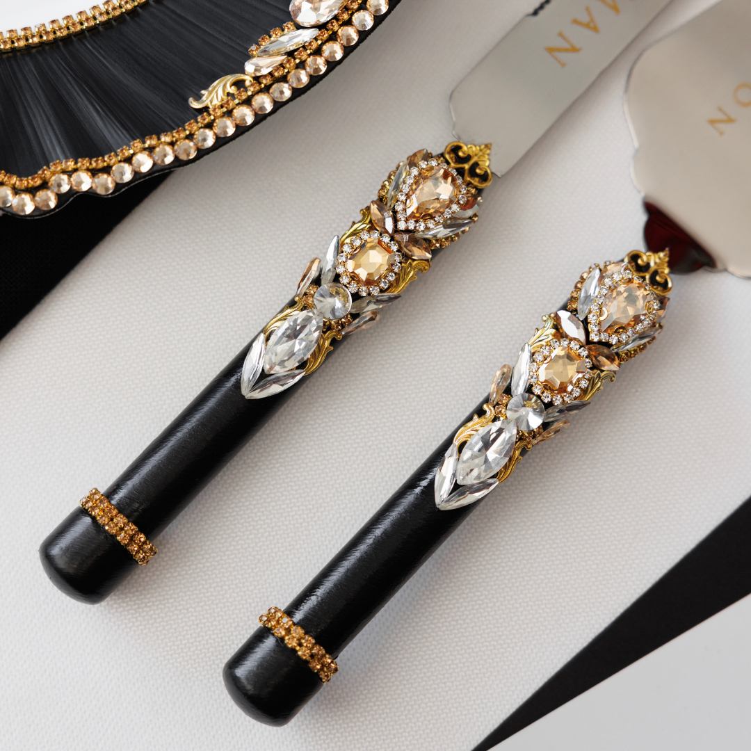 Royal Black & Gold Flutes & Cake Knife Server set