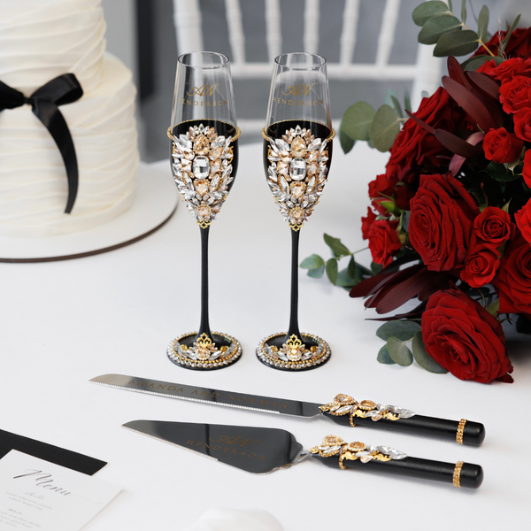 Royal Black & Gold Flutes & Cake Knife Server set