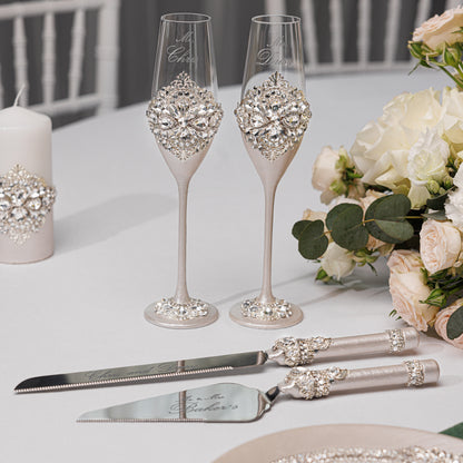 Rose Wedding Champagne Flutes & Cake Knife Server set, 4 items