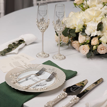 Personalized Ivory Wedding Champagne Flutes & Cake Knife Server Set,  7 items  | The Èlliance Valencia Engraved Classic set