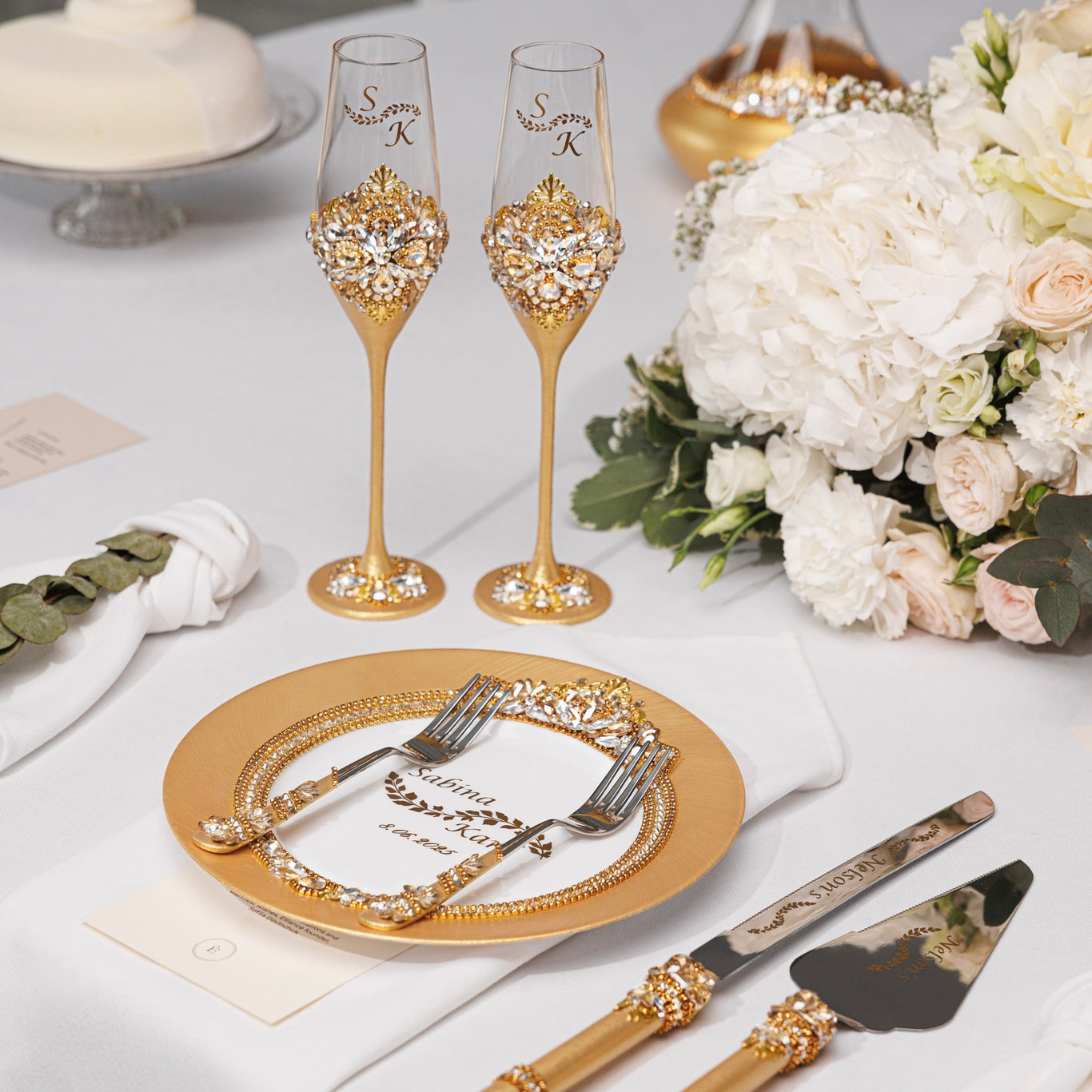 Rose Wedding Champagne Flutes & Cake Knife Server Set, 7 items