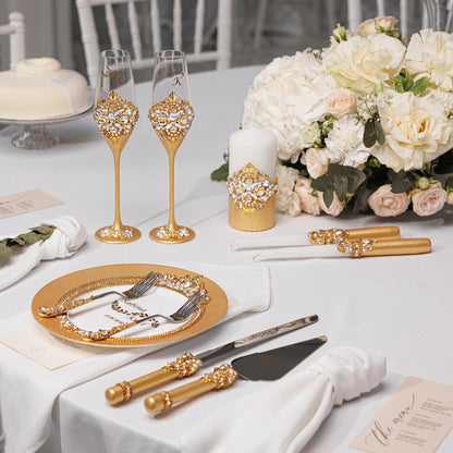 Rose Wedding Champagne Flutes & Cake Knife Server Set, 14 items