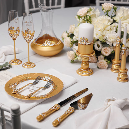 Handcrafted Gold Wedding Champagne Flutes & Cake Knife Server Set, 14 items | The Èlliance Engraved Valencia Premium Set